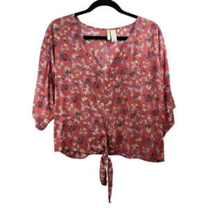 Japna Pink Floral Tie Front Hem Crop Boho Blouse Sz Large Beachy Feminine Casual